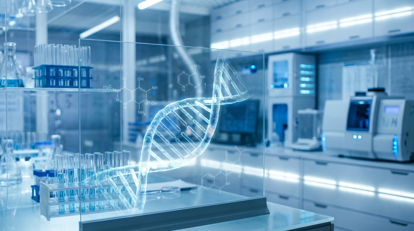 Scientific laboratory equipment and molecular visualization representing TestoSurge research