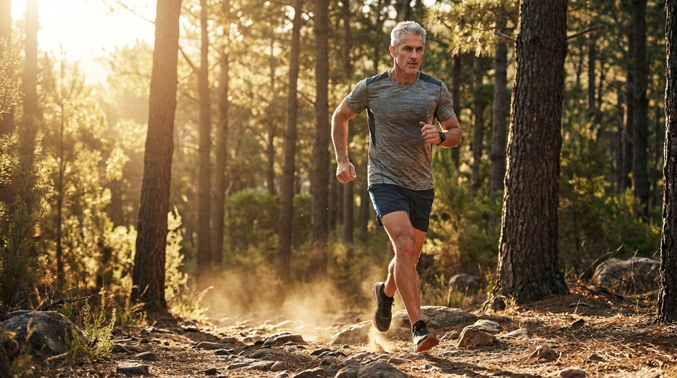 Active man training outdoors in natural light, energetic movement
